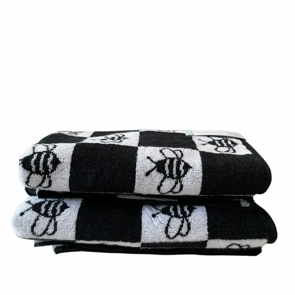 Chic Black & White Checkered BEE Bath Towel Set of 2 100% Cotton NEW